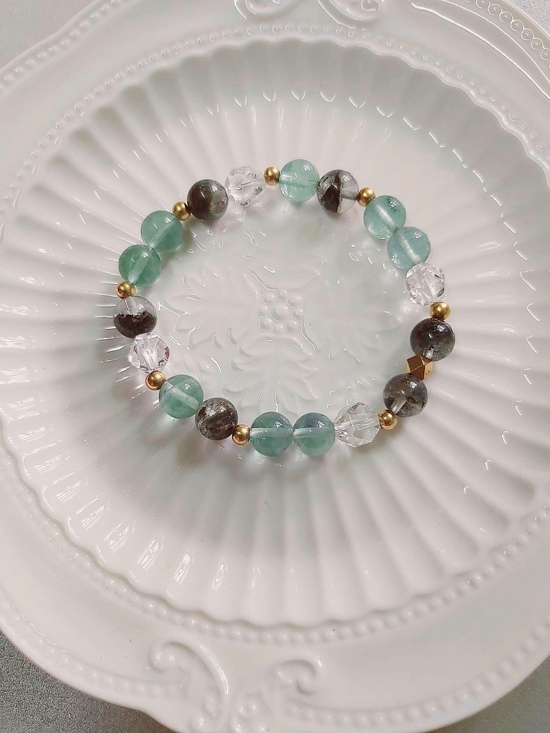心忱-幽谷清泉 墨绿幽灵 白水晶 绿萤石 - 手链/手环 - 水晶 绿色