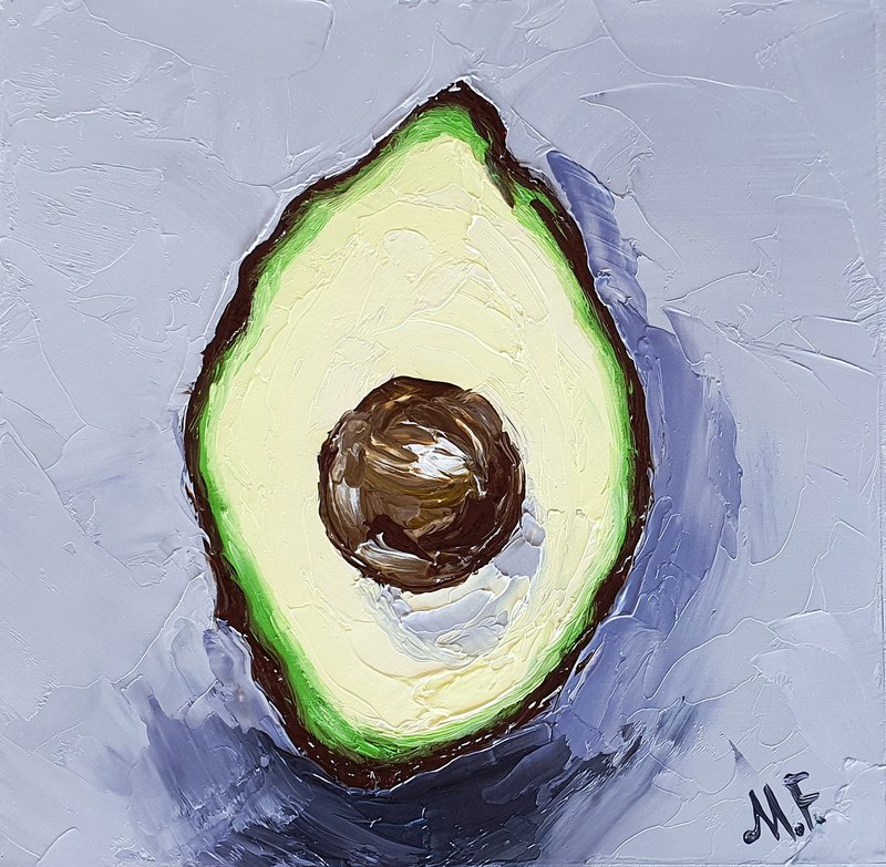 Avocado Painting Food Original Art Still Life Kitchen Artwork Ripe Fruits Art - 海报/装饰画/版画 - 其他材质 黄色