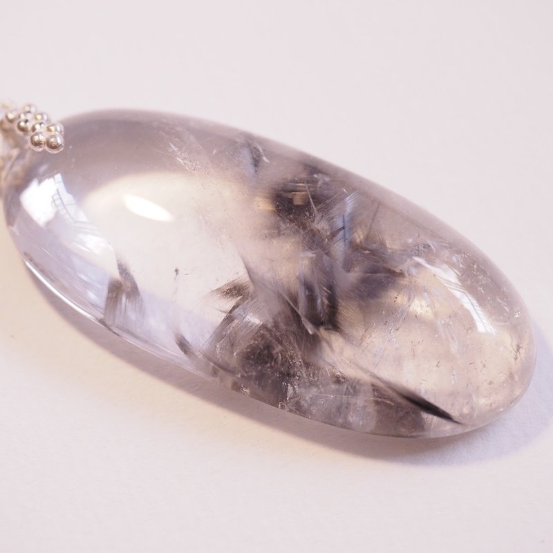 天然黑银钛 超大颗 手工纯银坠子 Brookite in Quartz - 项链 - 半宝石 透明