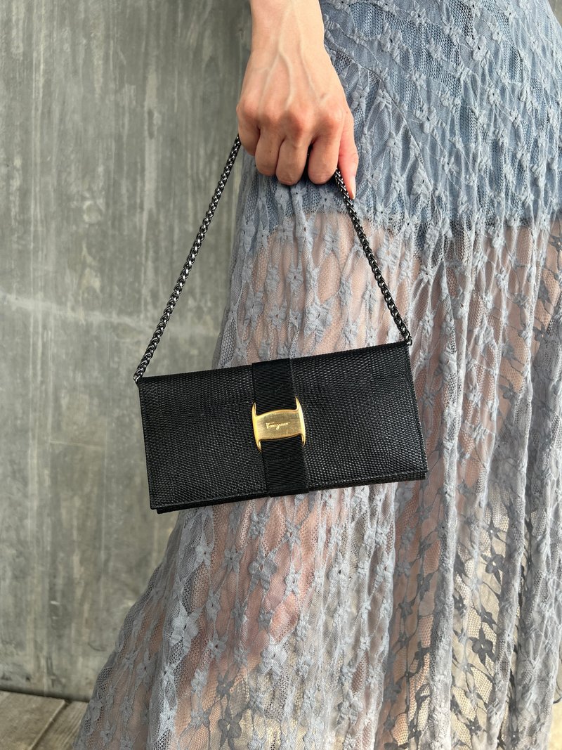 Ferragamo黑色纹理皮革长夹肩背手提斜肩包 送肩带 日本中古 - 皮夹/钱包 - 真皮 黑色