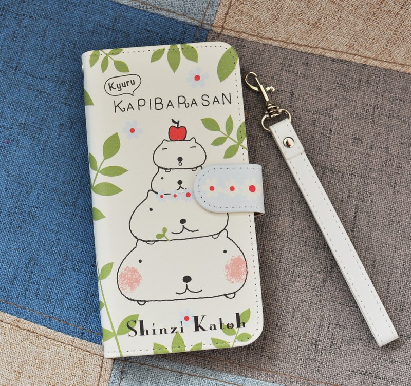 【加藤真治】KAPIBARASAN水豚君叠叠乐图样 掀盖式泛用型手机壳 - 手机壳/手机套 - 真皮 多色