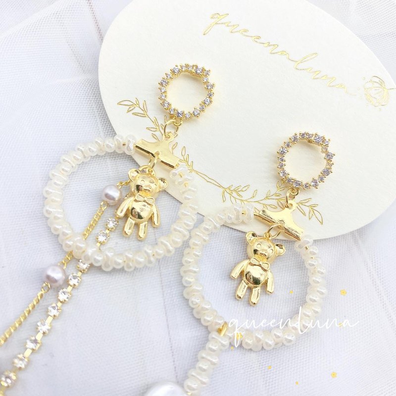 长款小熊珍珠耳环 - 耳环/耳夹 - 其他金属 白色