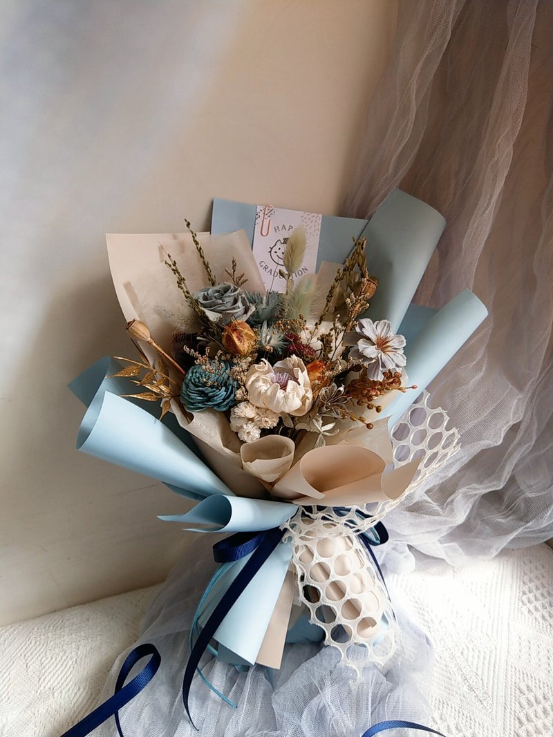 香氛油画风复古色花束－韩系设计/毕业花束/永生干燥花/扩香花 - 干燥花/捧花 - 植物．花 蓝色