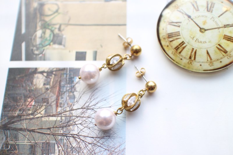 珍珠宝盒-锆石 珍珠 黄铜耳环-耳针 耳夹 - 耳环/耳夹 - 其他金属 金色