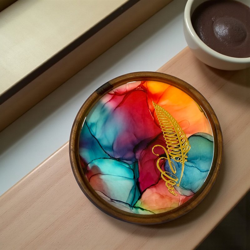 酒精墨水艺术优质胡桃木杯垫 - 羽毛 (F) - 摆饰 - 其他材质 多色