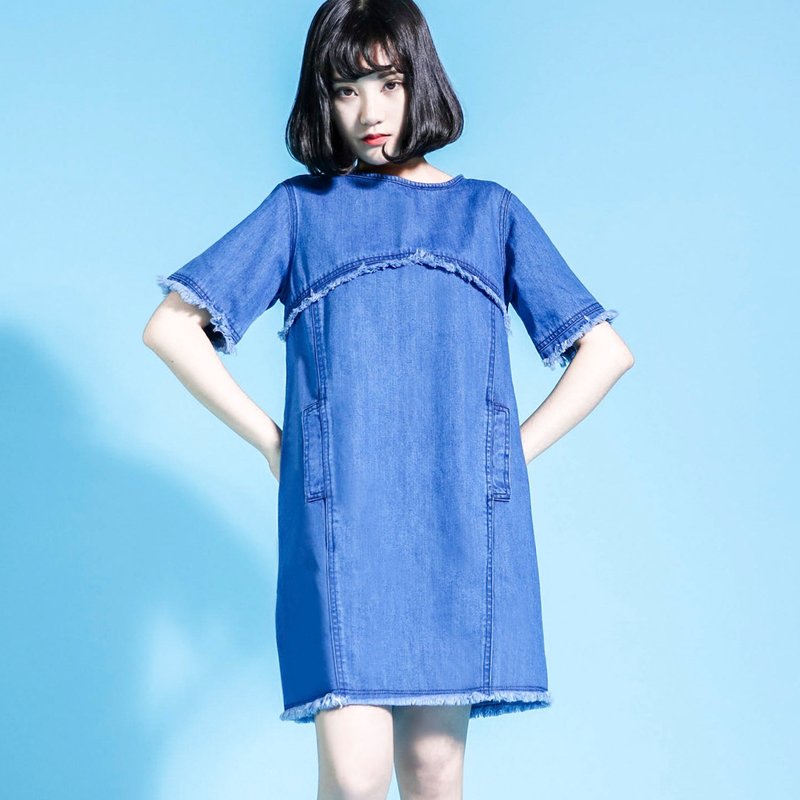 SU:MI said Catalysis 催化反应牛仔抽须洋装_6SF045_蓝 - 洋装/连衣裙 - 棉．麻 蓝色