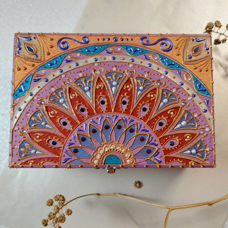 长方形手工彩绘雕花宝盒/HENNA/民族风/首饰盒 - 摆饰 - 木头 粉红色