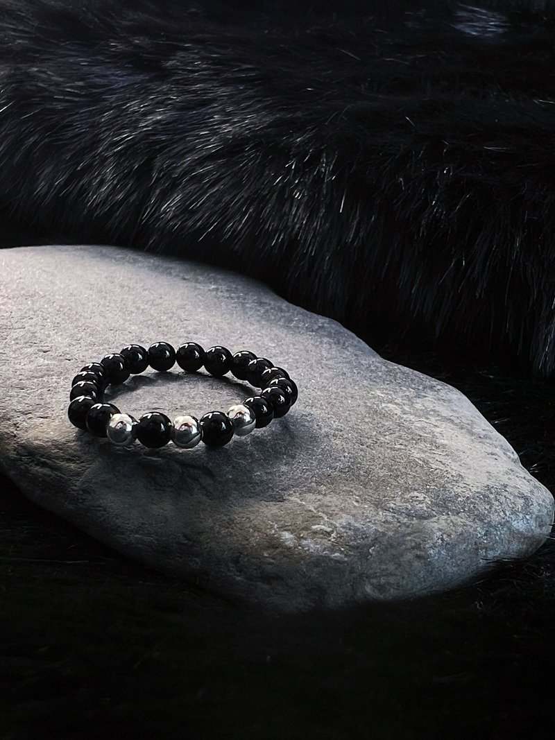纯黑星际星光碎点 天然黑玛瑙宝石x925银 原创手作小众 串珠戒指 - 戒指 - 纯银 黑色