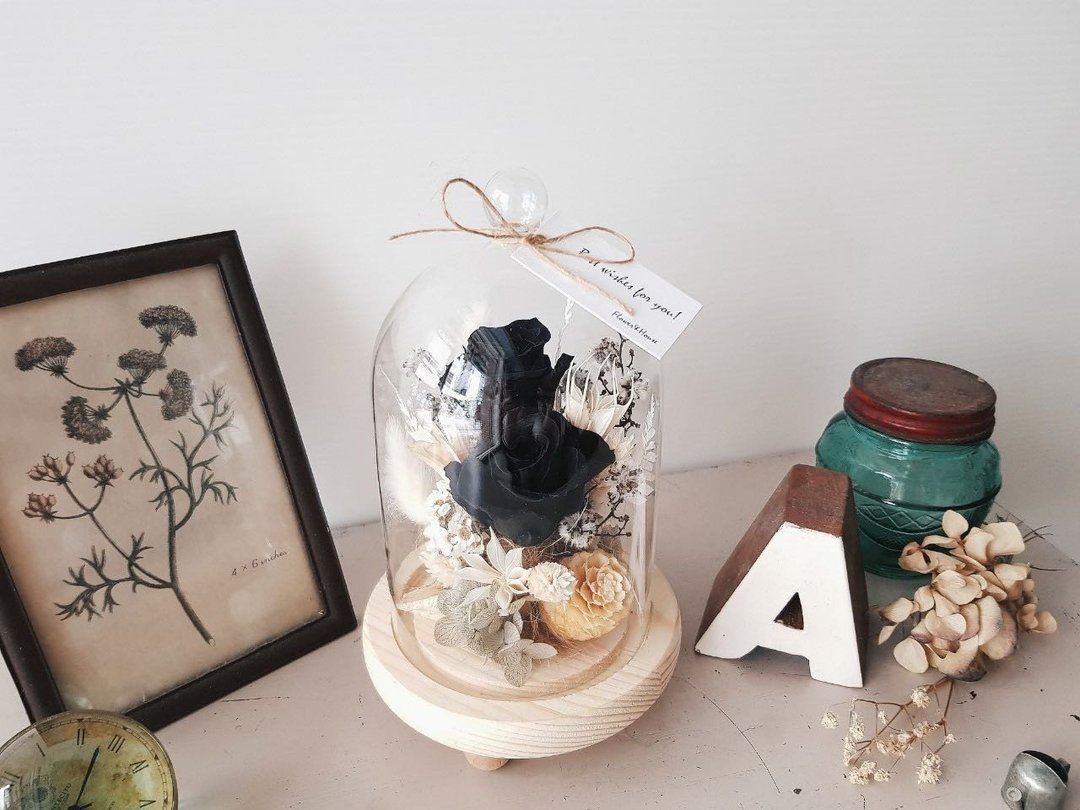 永生花+干燥花|黑玫瑰不凋花玻璃花盅│永生花|万用祝贺 情人节 - 干燥花/捧花 - 植物．花 黑色