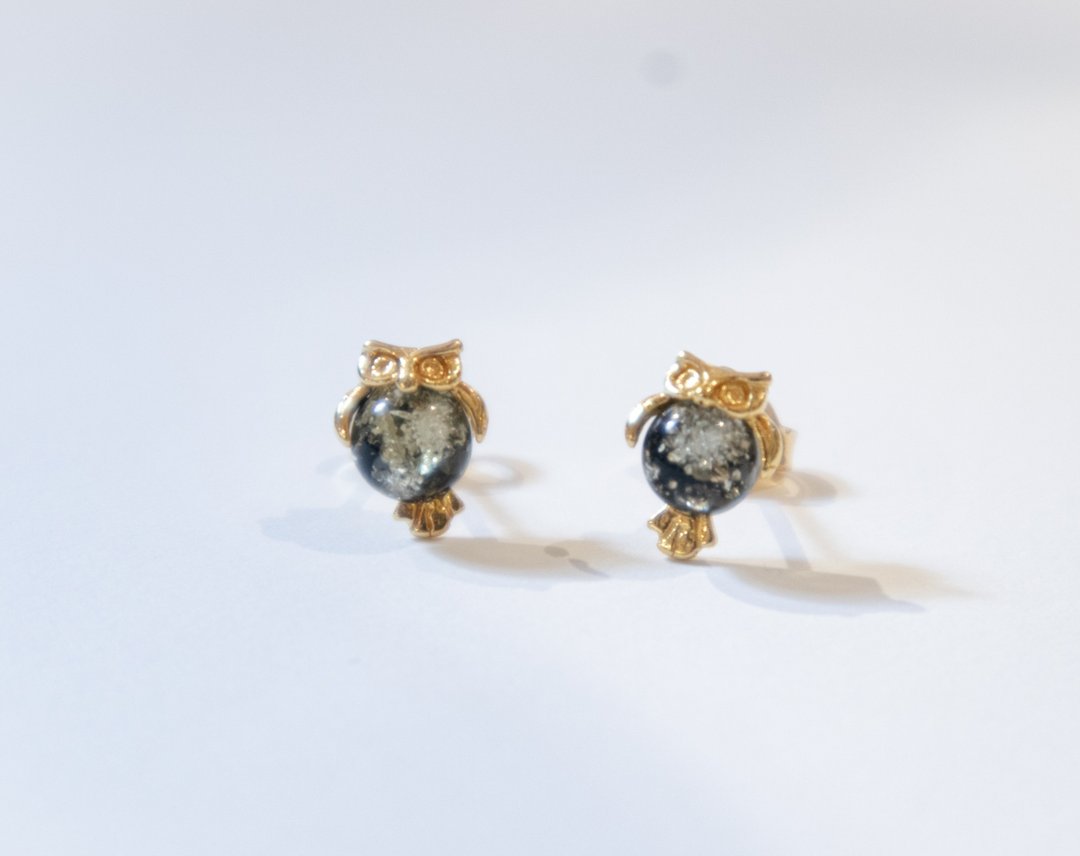 925 silver AMBER猫头鹰 耳环。耳钉 - 耳环/耳夹 - 宝石 金色