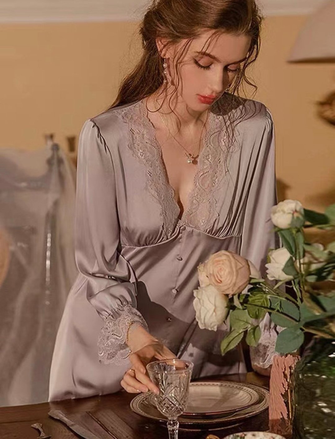 New satin Classic soft satin long dress Purple - 居家服/睡衣 - 其他材质 