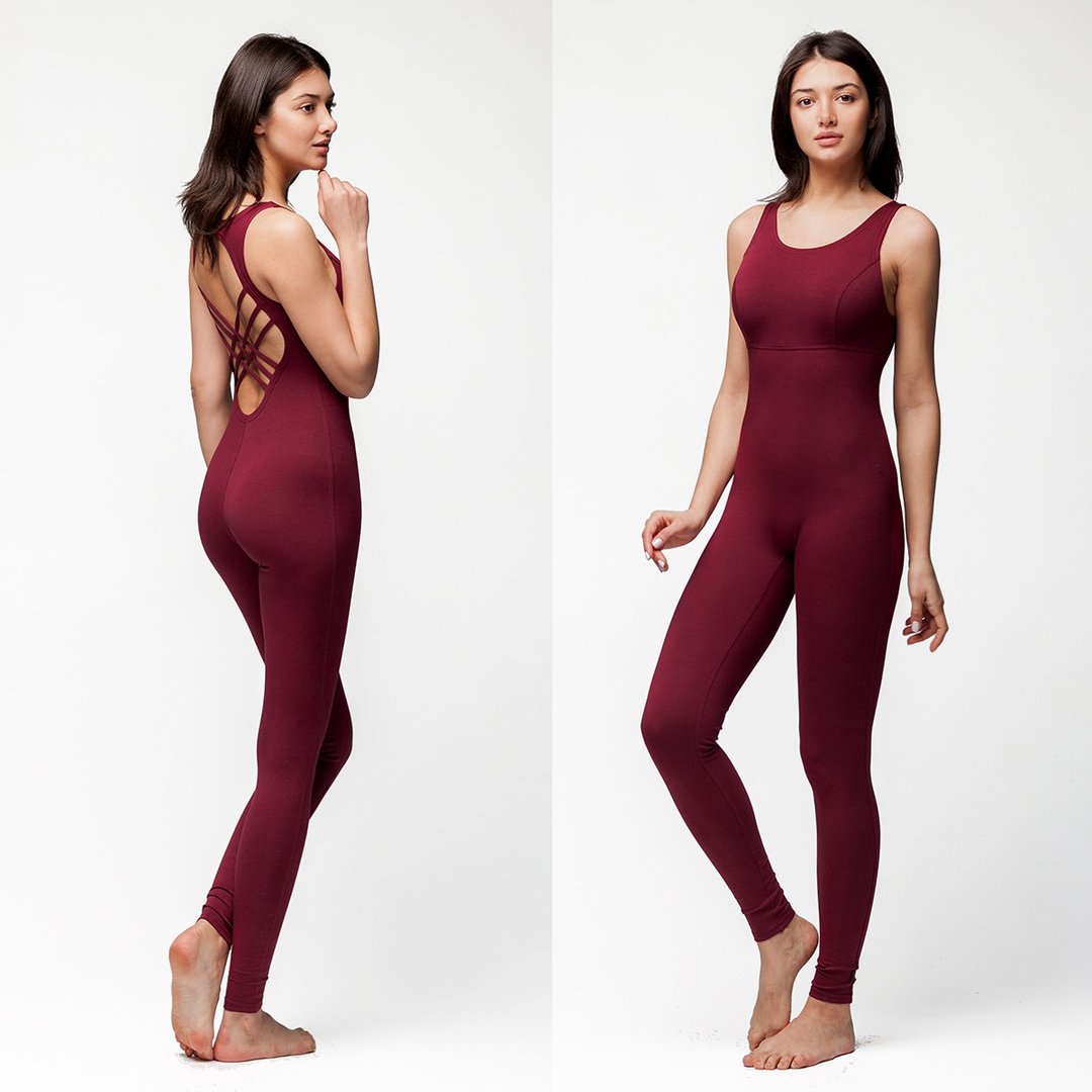 Yoga bodysuit, unitard. Organic cotton jumpsuit. Fitness suit. Yoga wear - 背带裤/连体裤 - 棉 红色