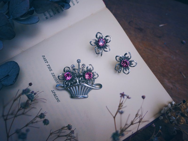 Van Dell 粉红花礼纯银胸针耳环－美国古董首饰 Vintage Jewelry - 胸针 - 纯银 