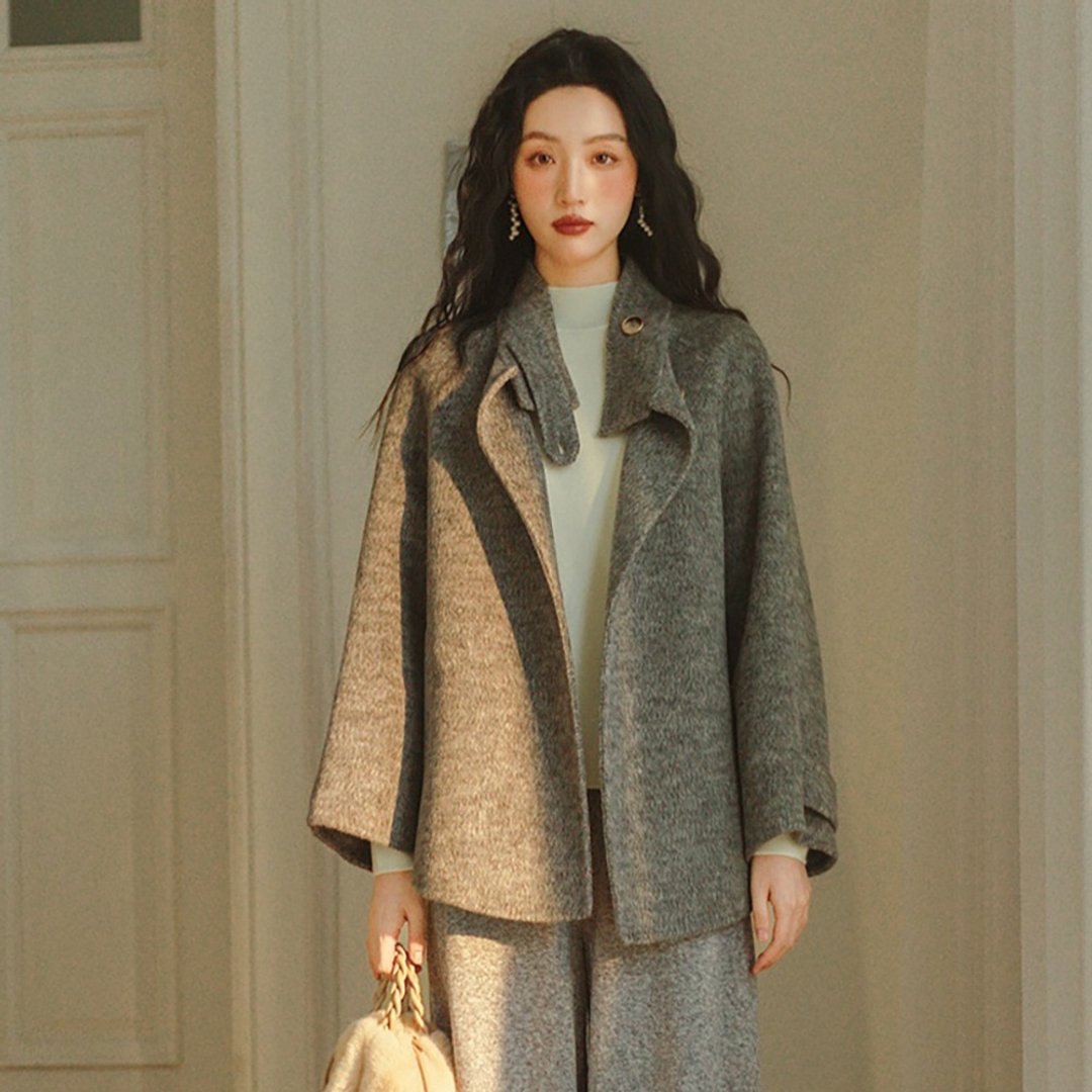 斗篷式山羊絨雙面呢短外套毛呢外套長袖通勤簡約寬鬆型純色女外套 - 女装休闲/机能外套 - 其他材质 多色
