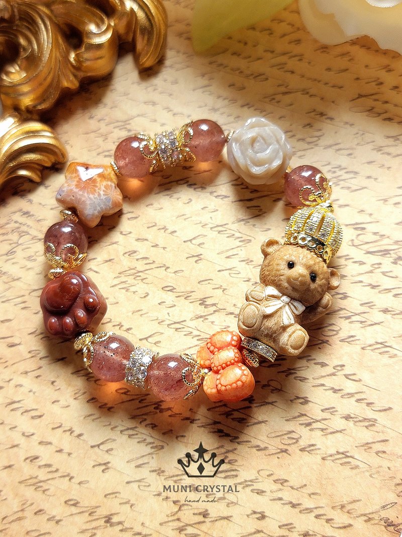 鹿角根付泰迪熊。珊瑚玉阿拉善星光鸽血红草莓晶饱满大气设计款 - 手链/手环 - 水晶 红色