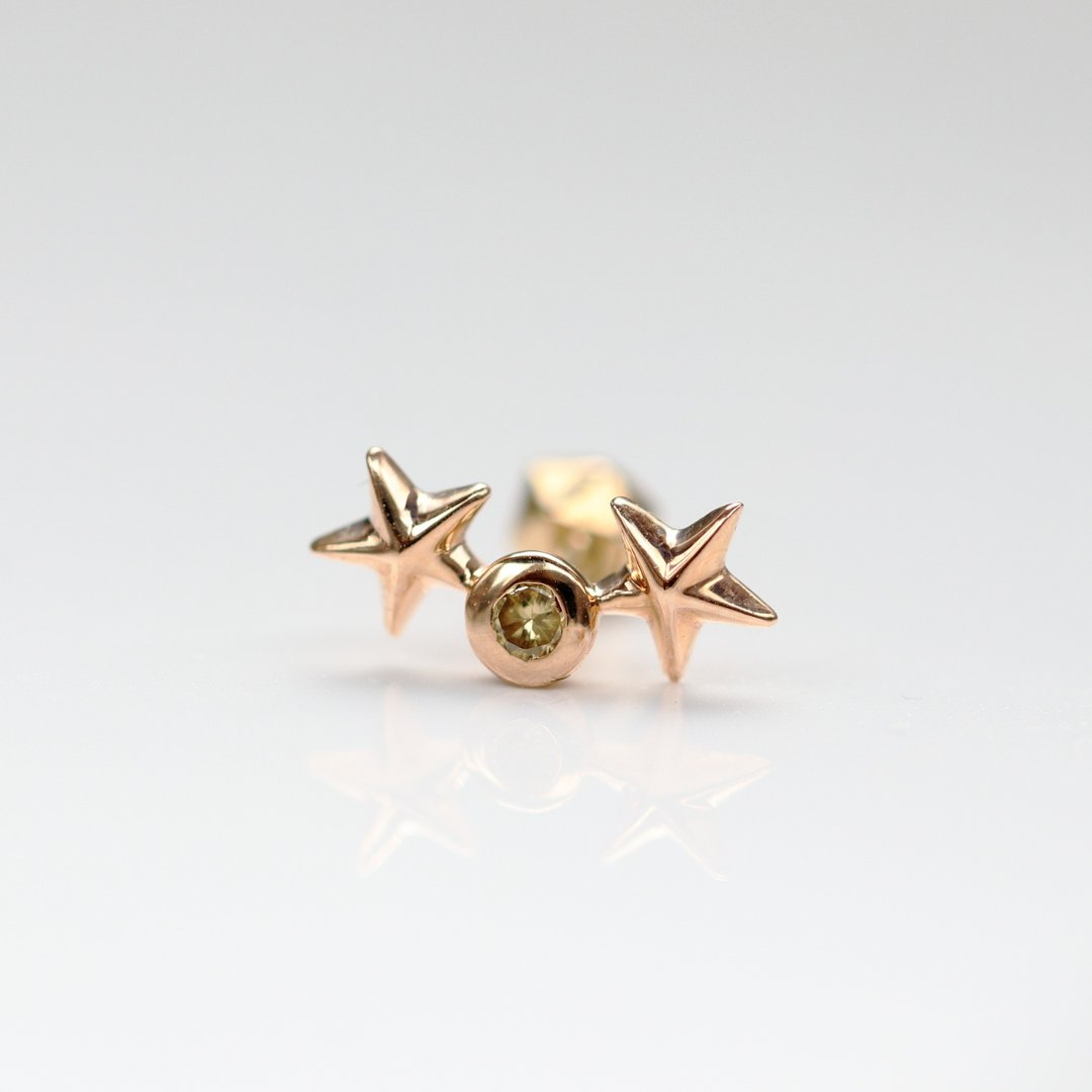 14K 双星星钻锁珠耳环耳骨 耳窝 不退色 - 耳环/耳夹 - 贵金属 金色