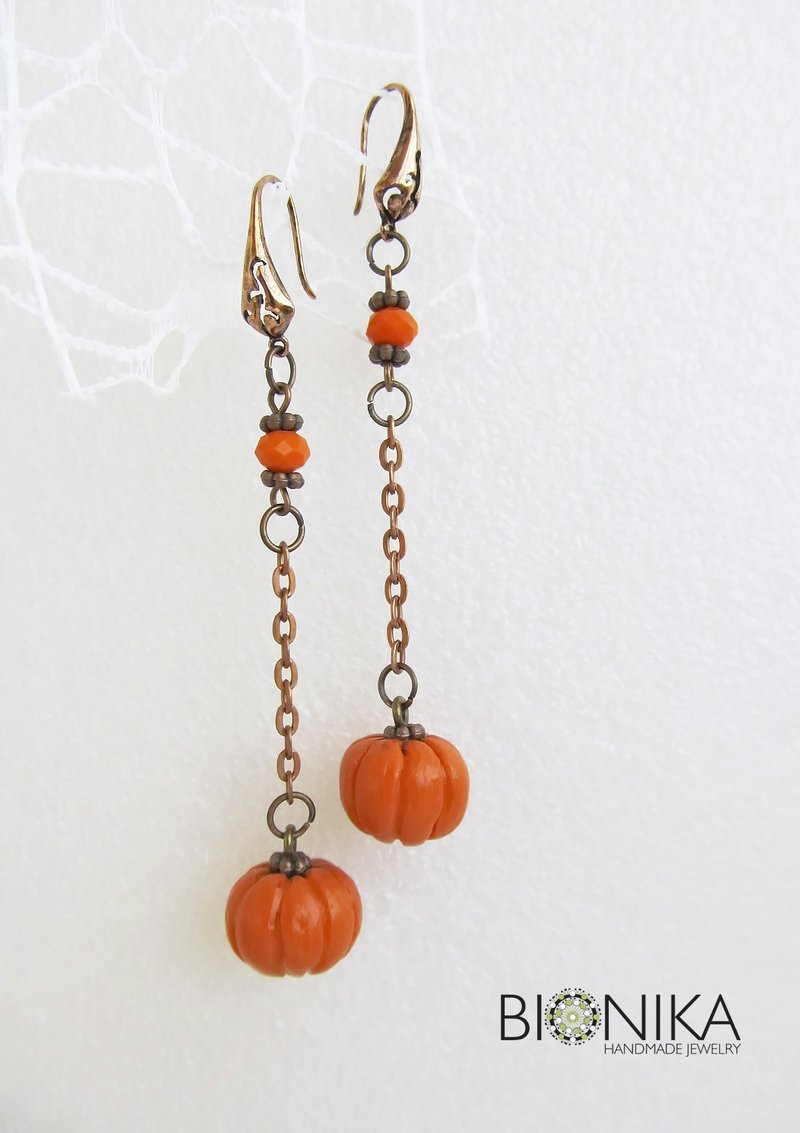 Pumpkin earrings Long hanging earrings Vegetable earrings Halloween earrings - 耳环/耳夹 - 粘土 橘色