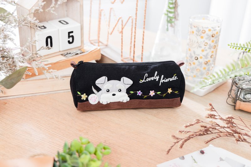 雪纳瑞 拼接 圆筒 笔袋/文具/化妆品/小物收纳包【820435】 - 化妆包/杂物包 - 棉 黑色