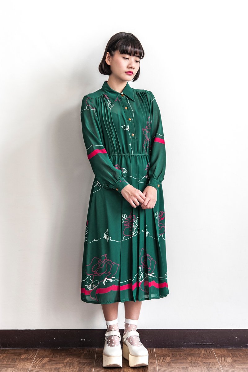 Vintage 玫瑰线条古着长袖洋装 - 洋装/连衣裙 - 聚酯纤维 多色