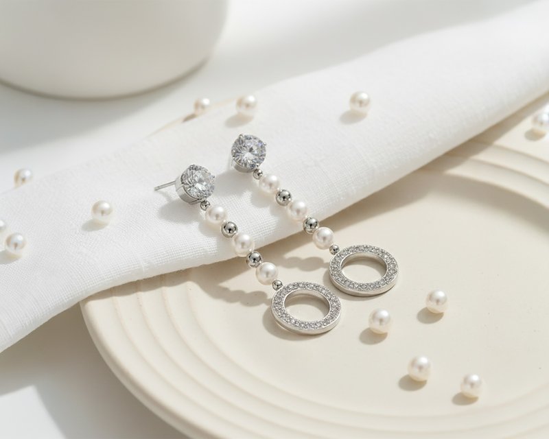 星光映月耳环 天然珍珠 镜面镶锆石 抗过敏 两款可选 台湾制造 - 耳环/耳夹 - 不锈钢 银色