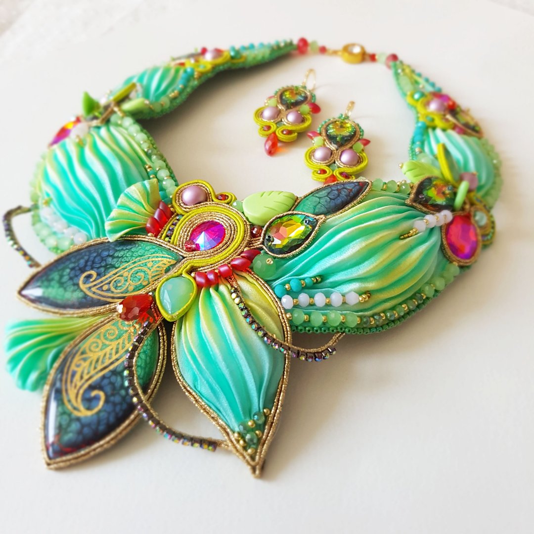 Shibori Necklace Shibori set  Soutache Necklace One of a kind jewelry set - 项链 - 其他金属 绿色