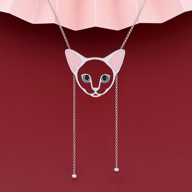 日系和风猫咪头Bolo Tie 粉色耳朵可爱超长项链 925银波罗领结 - 项链 - 银 银色