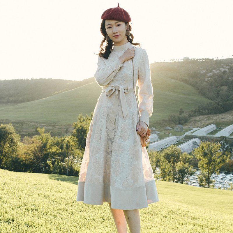 2018秋冬女装新品立领蕾丝拼接长款连身裙洋装 - 洋装/连衣裙 - 其他材质 白色