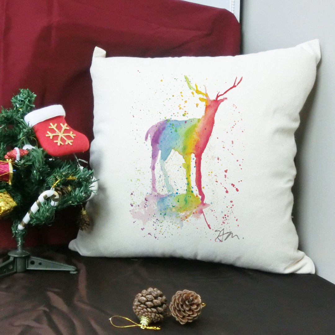 【 插画家/ Sam】 Rainbow deer 纯棉帆布抱枕-家居装饰 - 枕头/抱枕 - 棉 