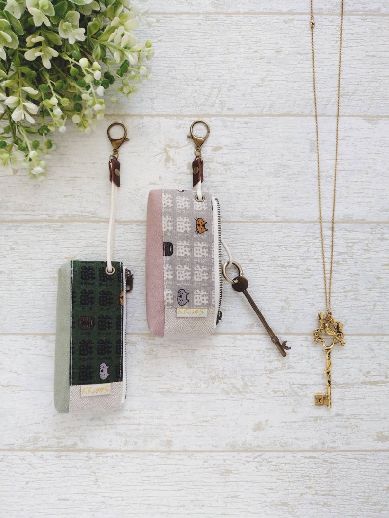 【KTG/三角砖钥匙包(大)】猫咪猫咪猫 抹绿绿 玫粉灰 日本帆布 - 钥匙链/钥匙包 - 棉．麻 多色
