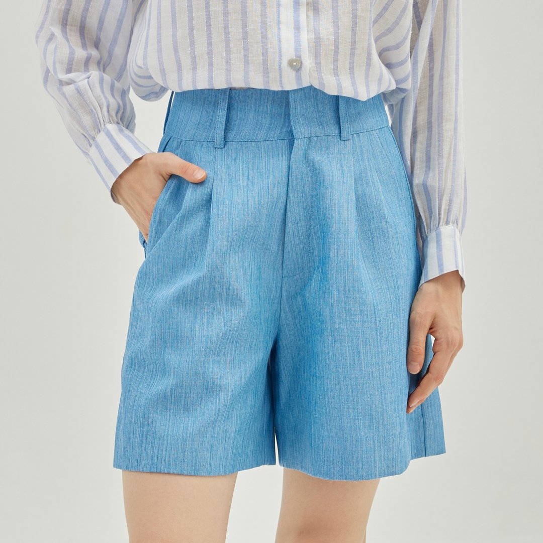 BIRUCHU BONJOUR SHORTS - BLUE FRENCH LINEN 蓝色 亚麻 短裤 - 女装短裤 - 亚麻 蓝色