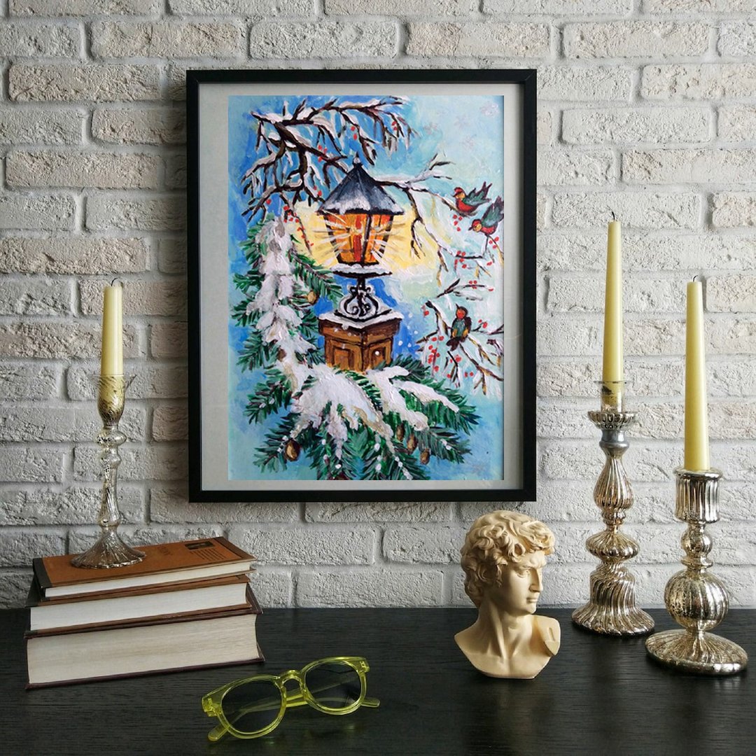 Christmas lantern painting, Holiday decoration, small painting nordic landscape - 海报/装饰画/版画 - 木头 