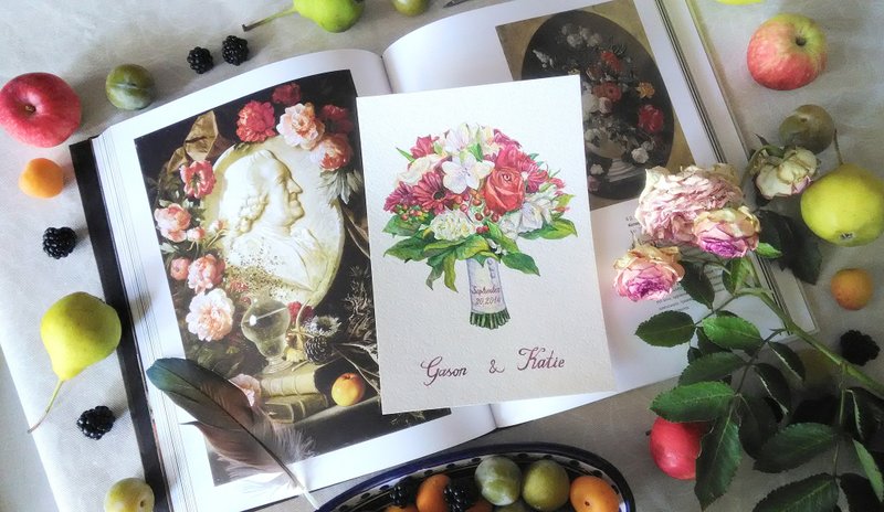 Custom Wedding Bouquet Painting Watercolor Bridal flowers Anniversary gift wife - 订制画像 - 纸 