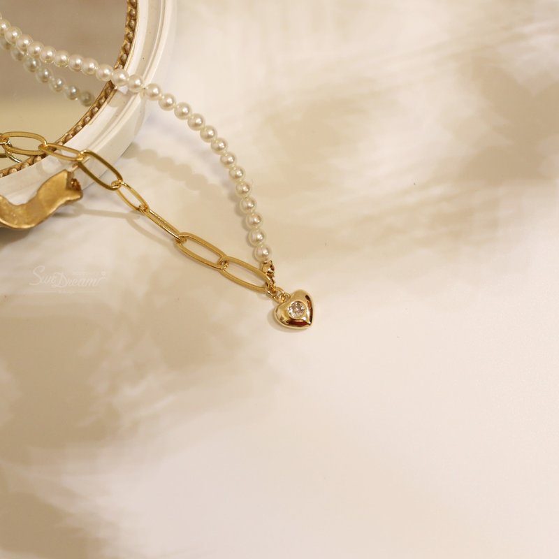 my heart珍珠锆石颈链 爱心项链 爱心 项链 珍珠项链 珍珠颈链 - 项链 - 珍珠 橘色