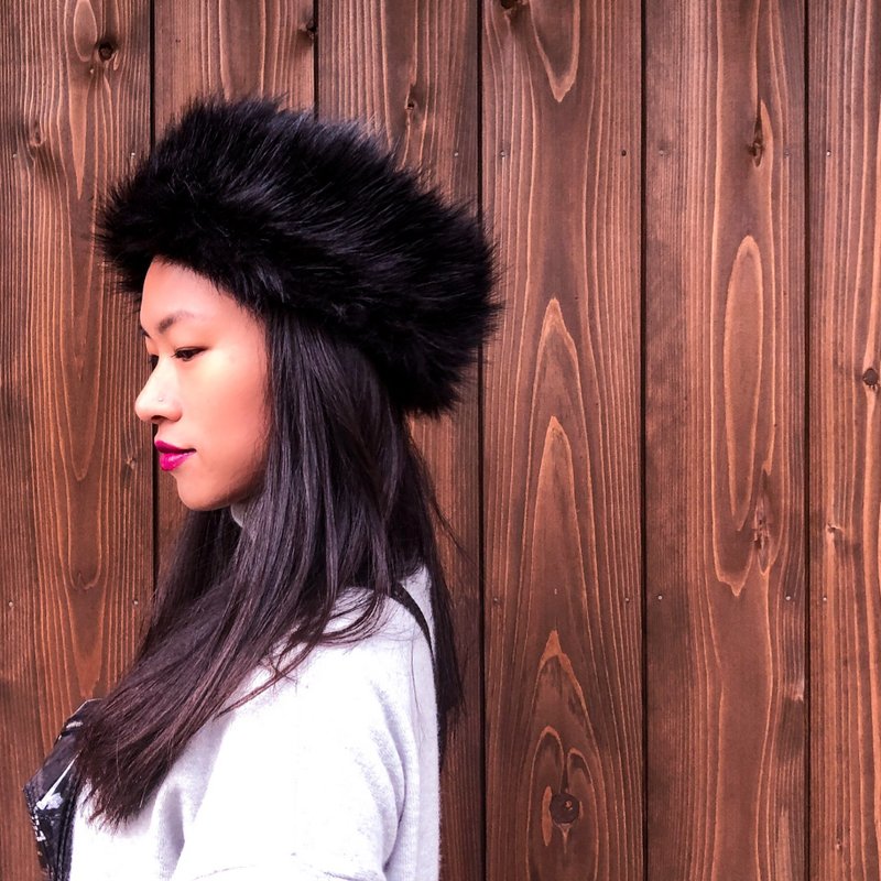 【YUAN媛】北国秘境 黑色皮草奢华质感发带 轻柔 - 发带/发箍 - 其他材质 黑色