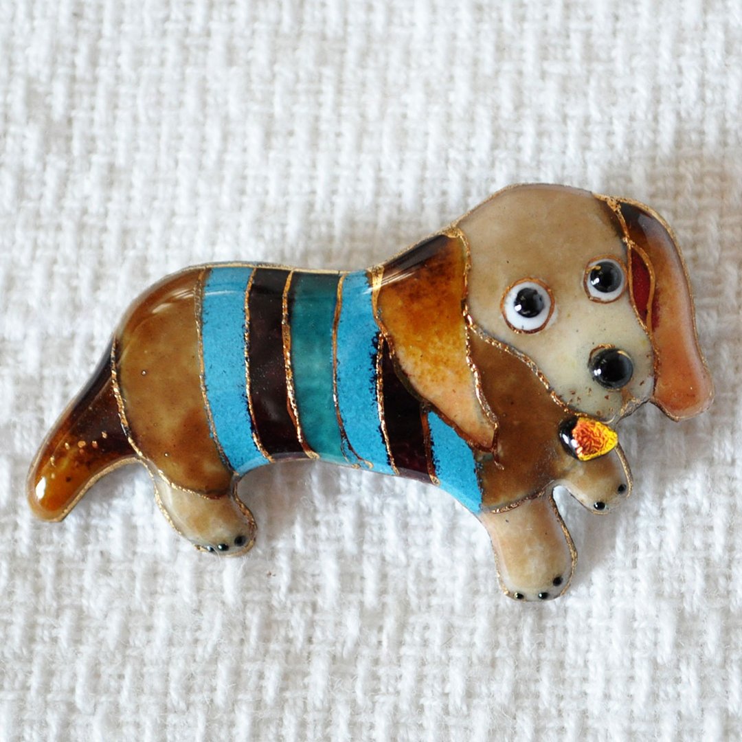 腊肠犬七宝烧胸针 - 胸针 - 其他金属 咖啡色