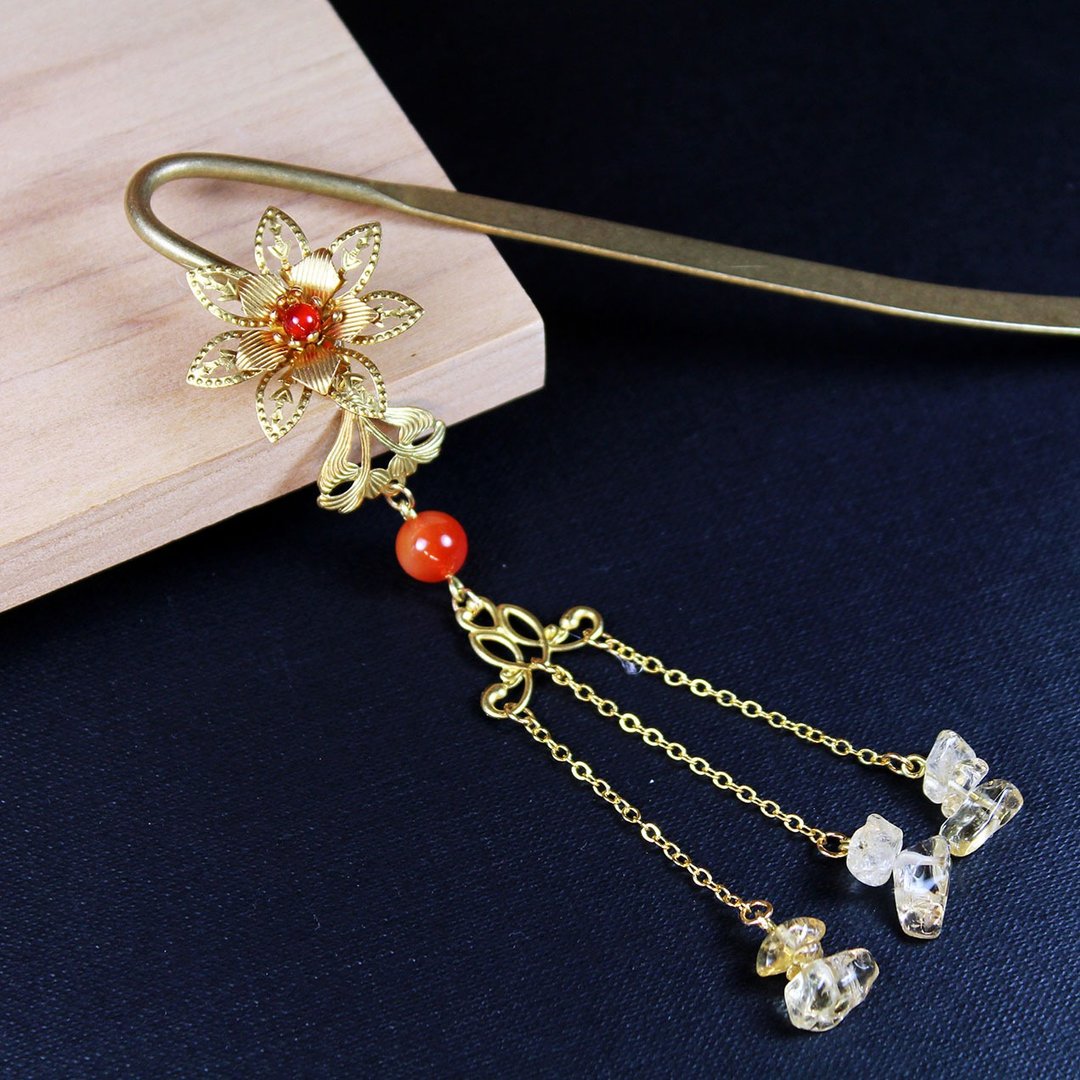 【藏金湖】花开鸿途｜原色玛瑙珠黄水晶｜纯铜｜手作书签发簪,中国古风饰品 - 发饰 - 其他金属 橘色