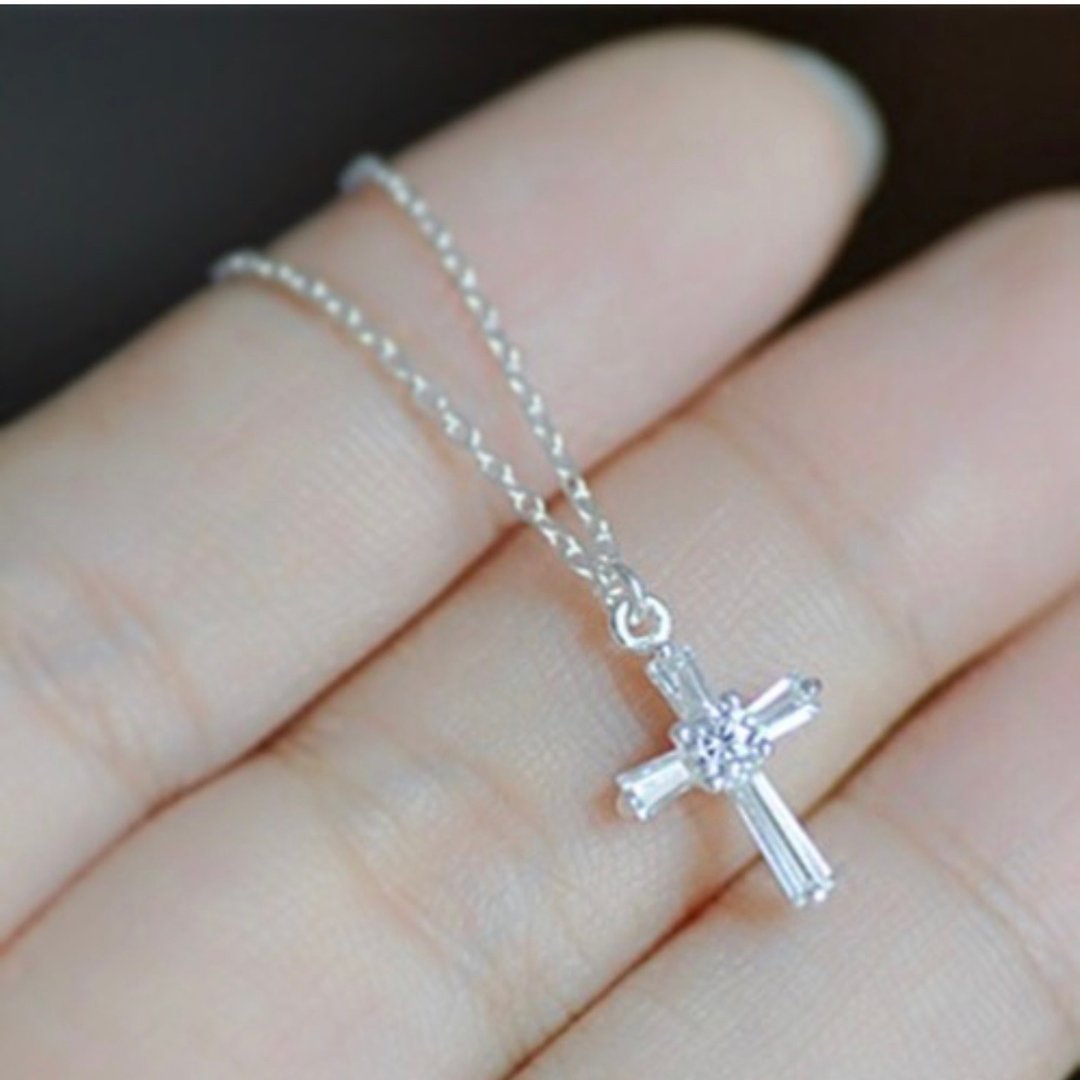925纯银 简约十字架锆石项链 cross - 项链 - 纯银 银色