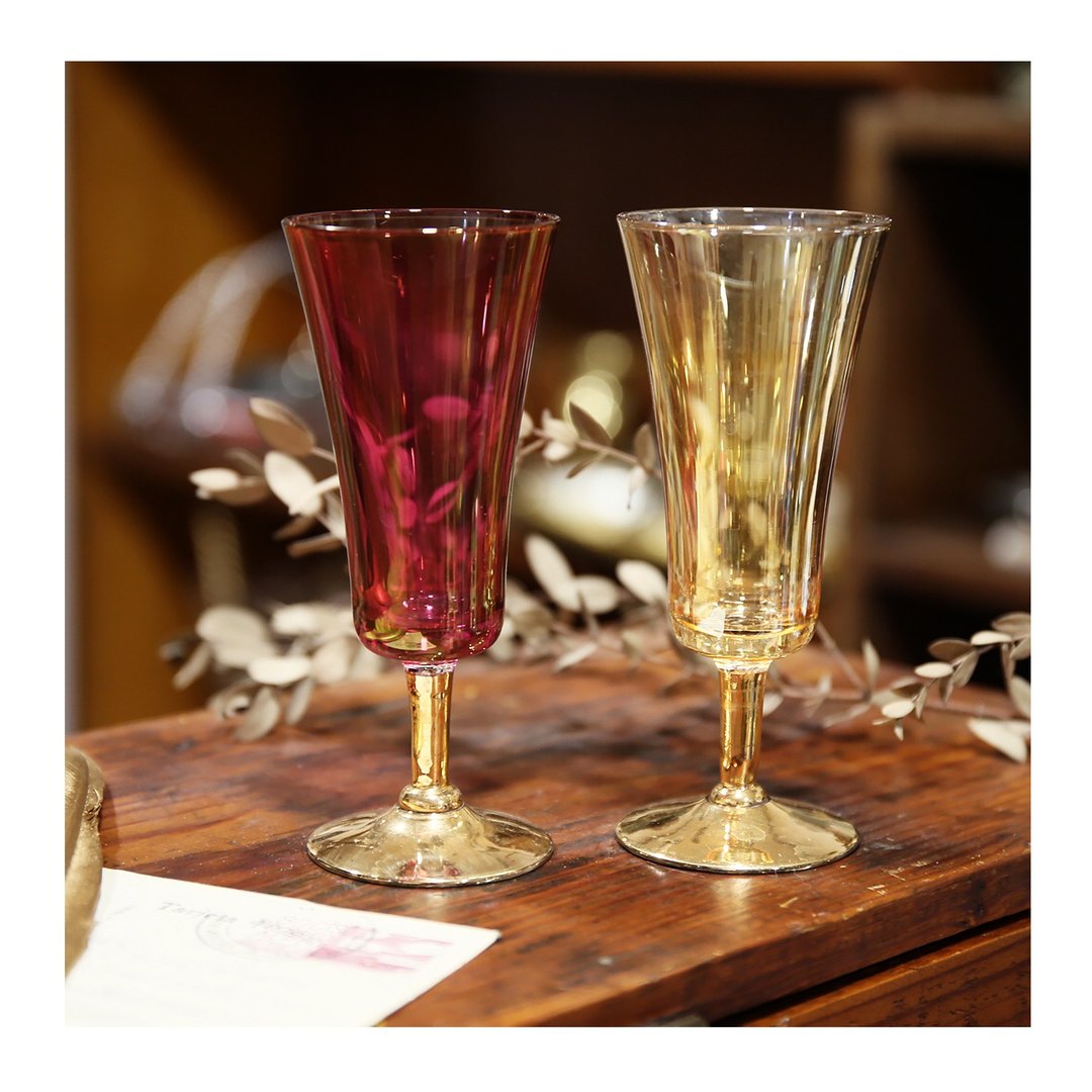 老件.法国古董玻璃对杯.琥珀金与玫瑰紫红.金色杯脚.高脚杯 - 酒杯/酒器 - 玻璃 