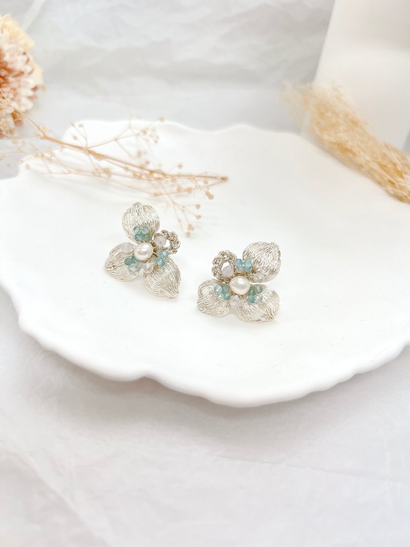 【金属网系列】天然珍珠 托帕石 辫子花耳针耳夹耳环 - 耳环/耳夹 - 珍珠 银色