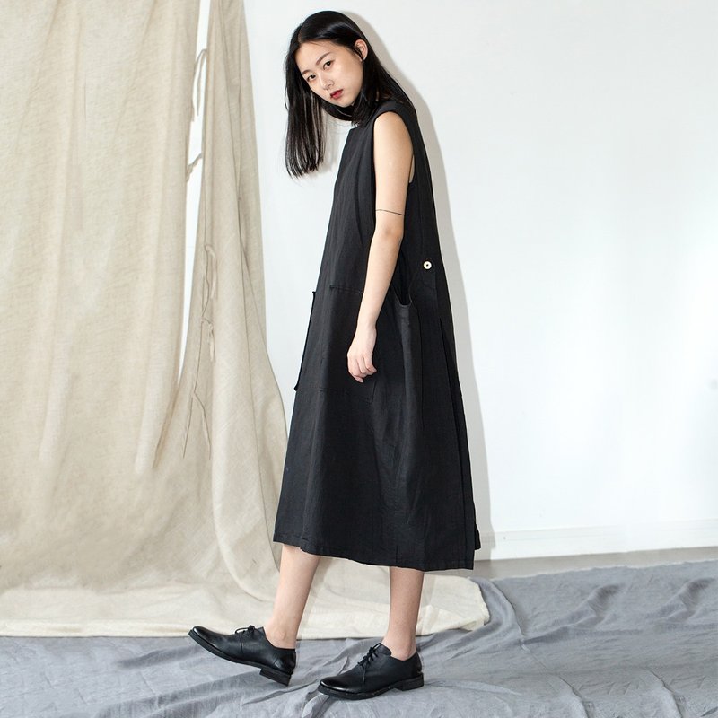 HFCY/好风常有2019夏季日系美学棉麻侧袢扣假两件无袖宽松连衣裙 - 洋装/连衣裙 - 棉．麻 黑色