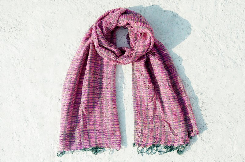 情人节礼物 限量一件 手织绵丝巾 / 围巾 - 缤纷紫色粉色条纹 - 丝巾 - 棉．麻 多色