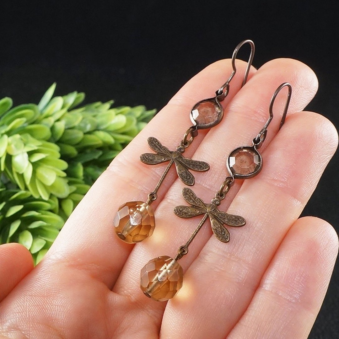 Brown Brass Vintage Patina Dragonfly Beige Glass Large Long Earrings Jewelry - 耳环/耳夹 - 铜/黄铜 咖啡色