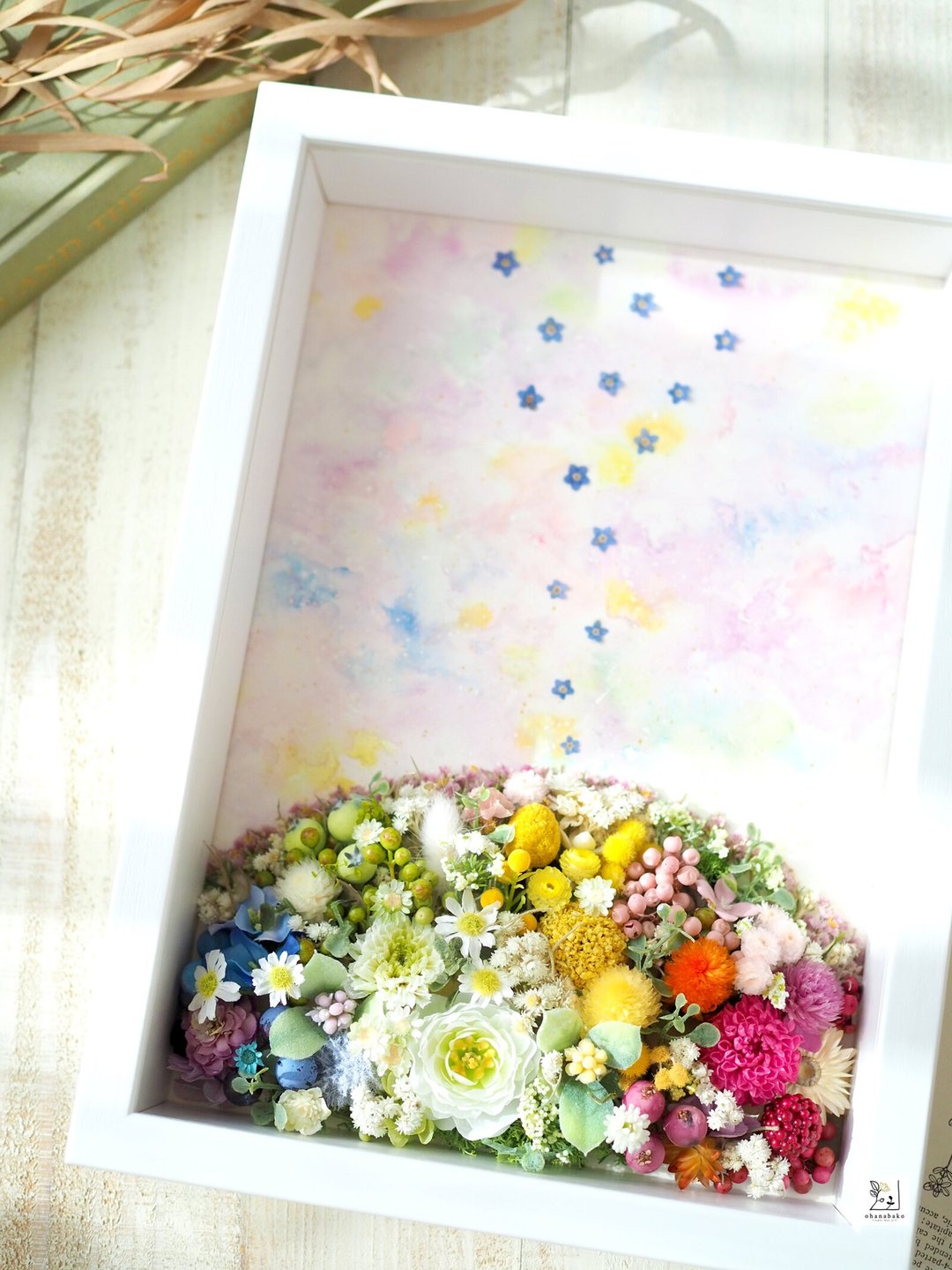 【特别庆祝】彩虹花丘 永生花干燥花水彩混合媒材画框 A4 - 干燥花/捧花 - 植物．花 多色