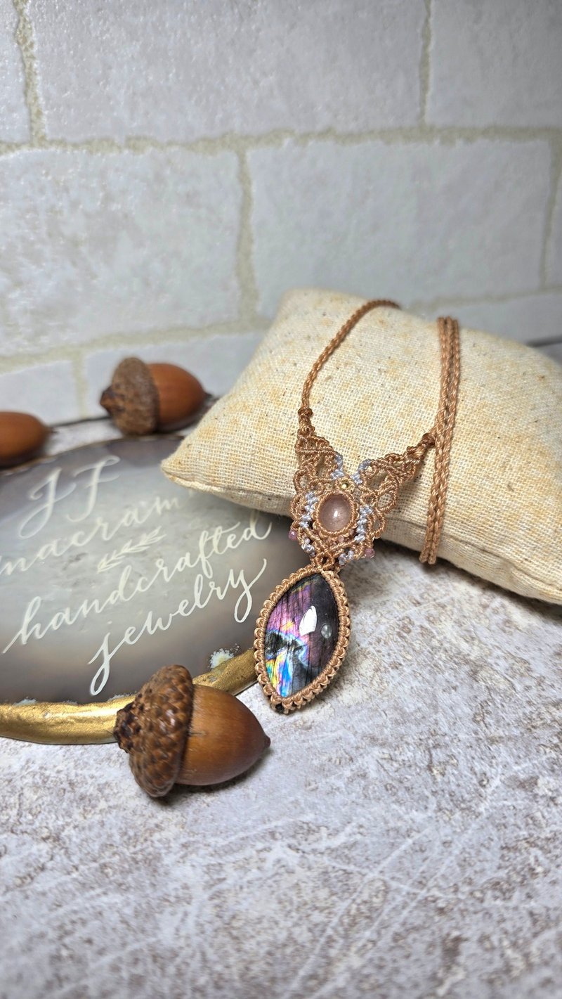 L152拉长石。粉摩根石。南美蜡线编织项链 - 项链 - 其他材质 卡其色