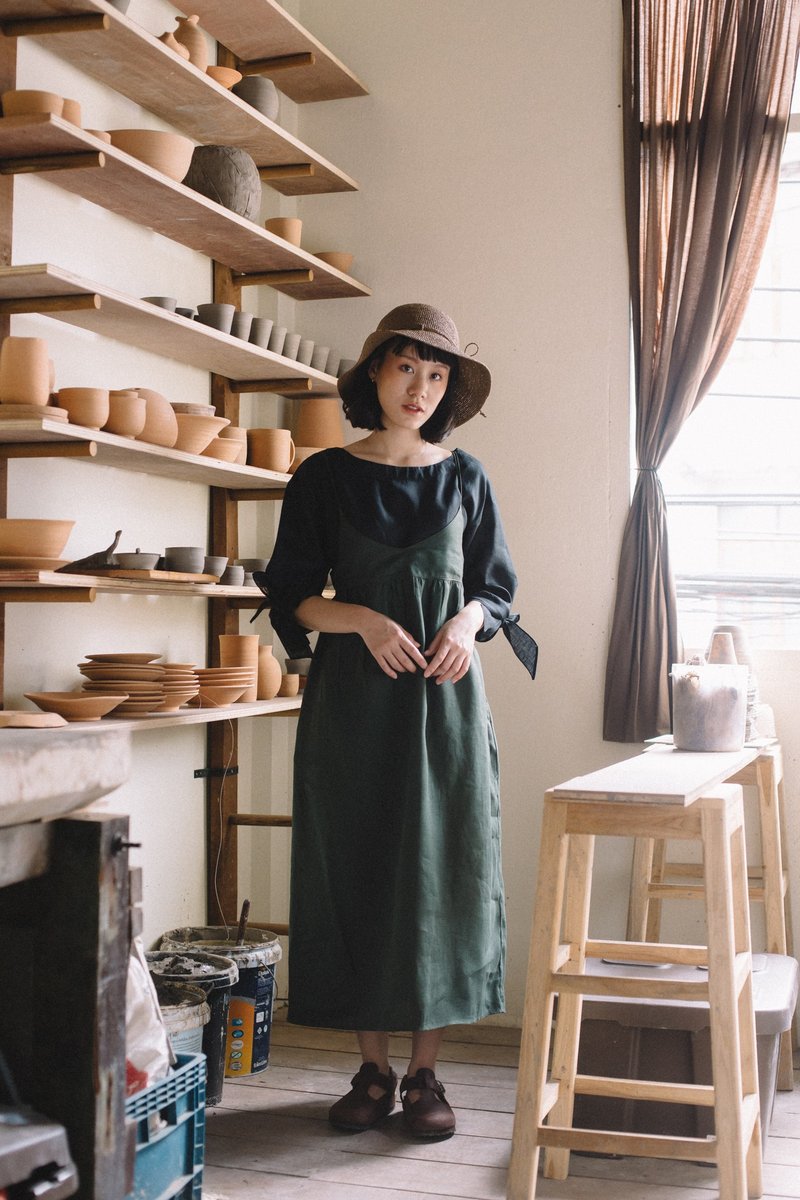 亚麻细吊带背心裙-橄榄绿 - 背带裤/连体裤 - 棉．麻 绿色