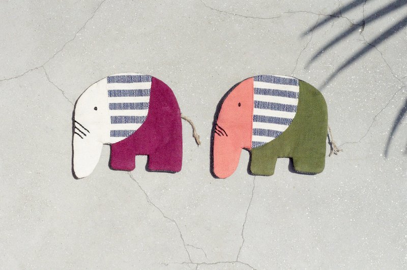 情人节 限量手工织布大象零钱包 / 收纳包 / 小包 / 杂物包 / 耳机收纳袋 - 缤纷条纹 热带雨林 大象 - 零钱包 - 棉．麻 