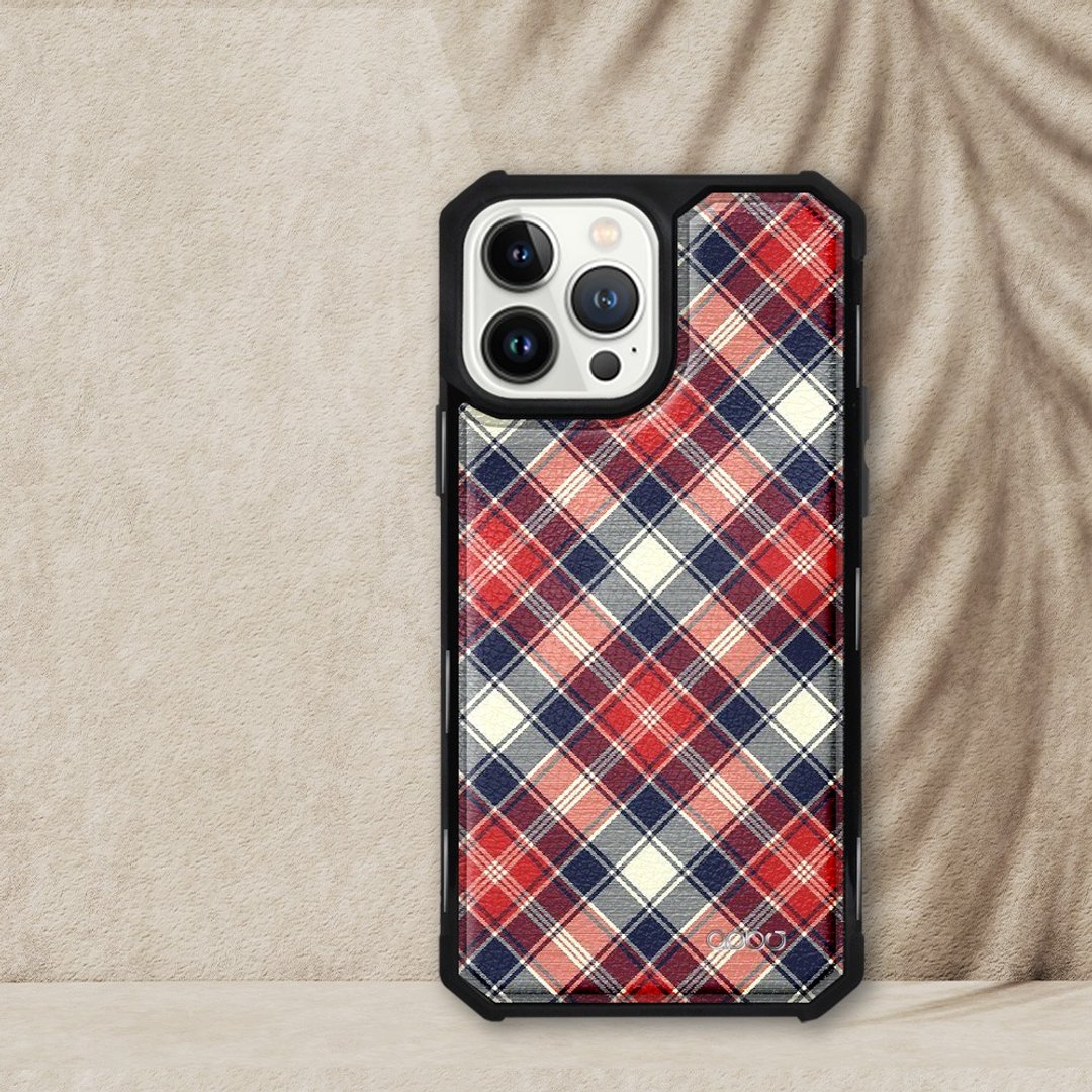 iPhone 13全系列军规防摔皮革磁吸手机壳-苏格兰纹红(黑壳) - 手机壳/手机套 - 其他材质 多色