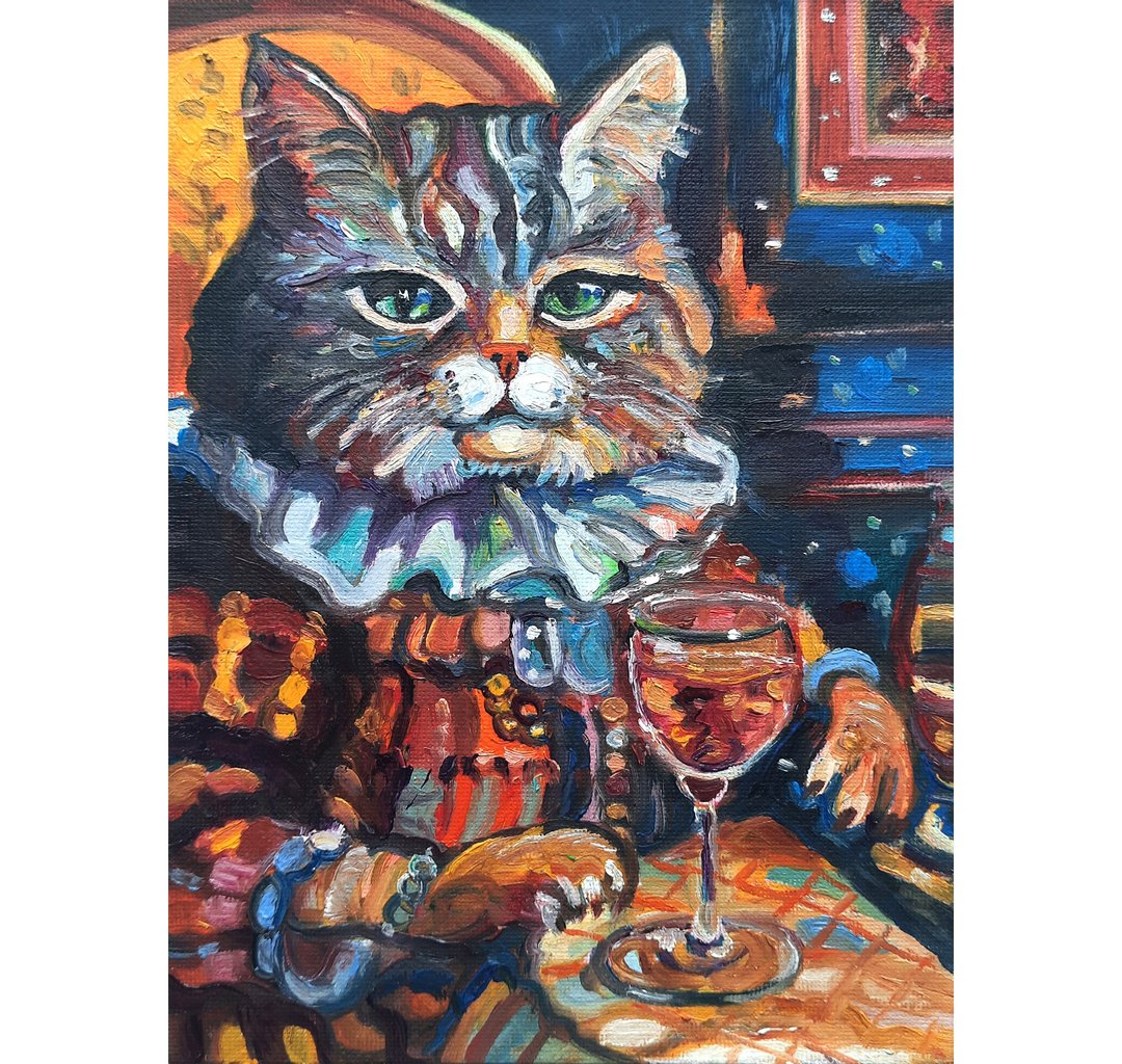 拿着玻璃杯的搞笑猫 原创艺术油画 纸板油画 - 墙贴/壁贴 - 其他材质 橘色