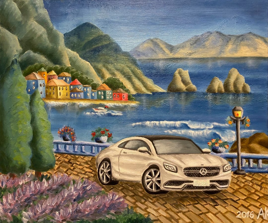 海上公路旅行，原创油画，布面油画，梅赛德斯汽车，意大利 - 墙贴/壁贴 - 其他材质 多色