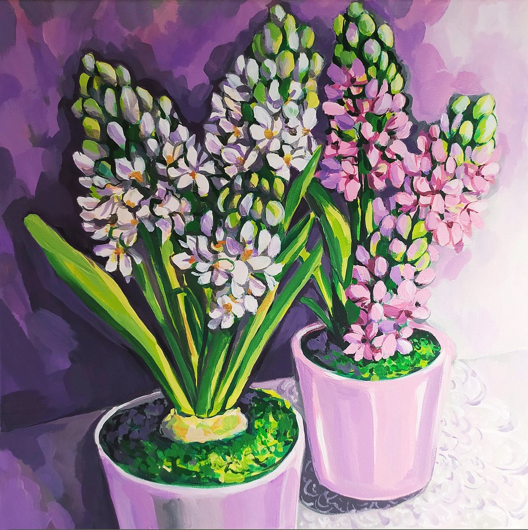 Painting with flowers Hyacinths original art Flowers of Spring pink flowers - 墙贴/壁贴 - 其他材质 粉红色